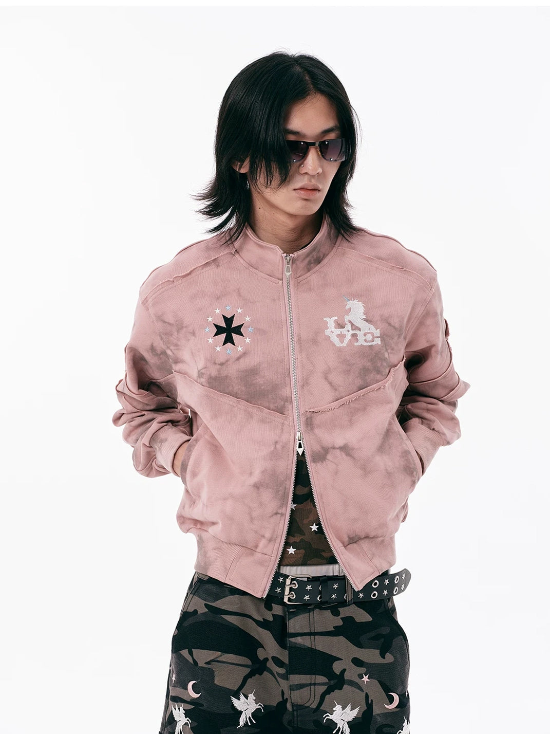 Pink Distressed Embroidered Cotton Zip Jacket - product view 2