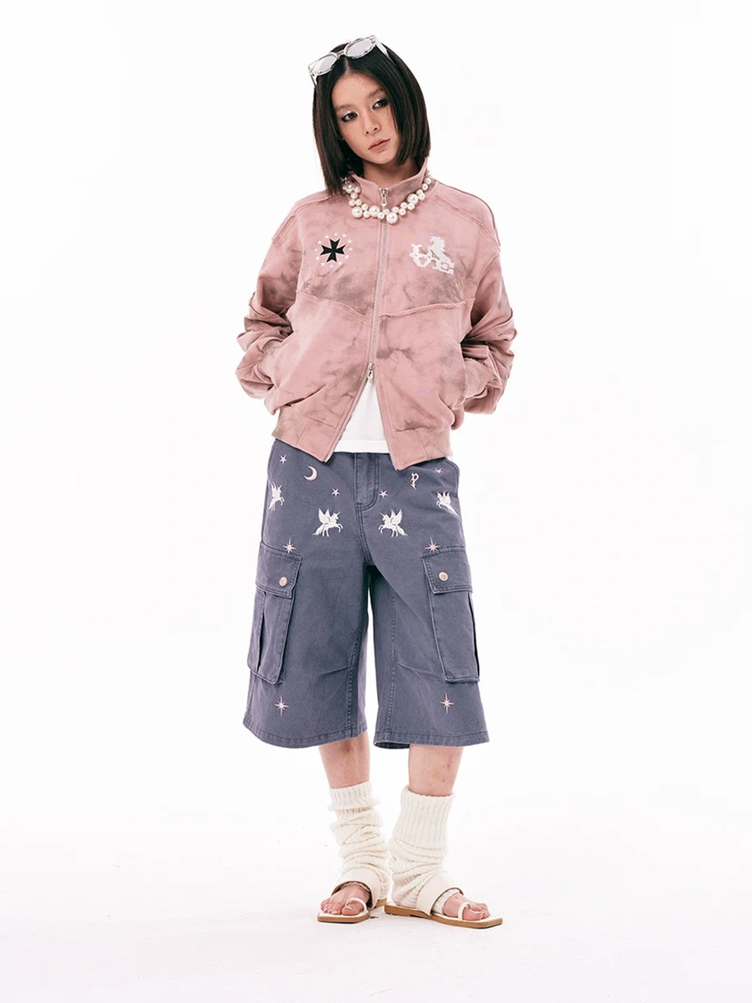 Pink Distressed Embroidered Cotton Zip Jacket - product view 6