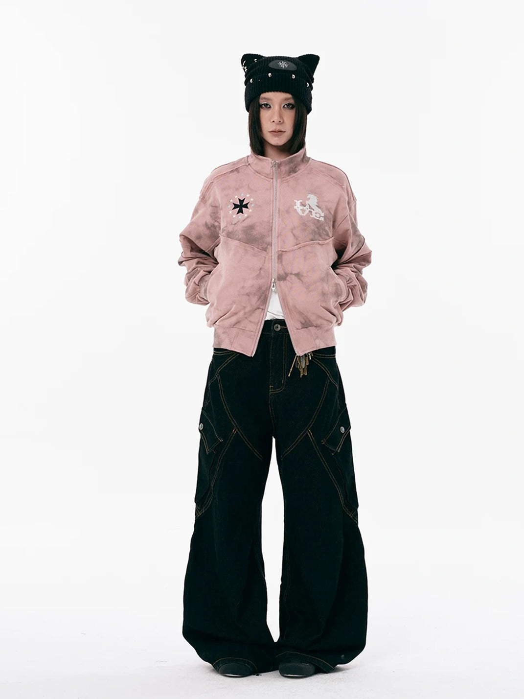 Pink Distressed Embroidered Cotton Zip Jacket - product view 7