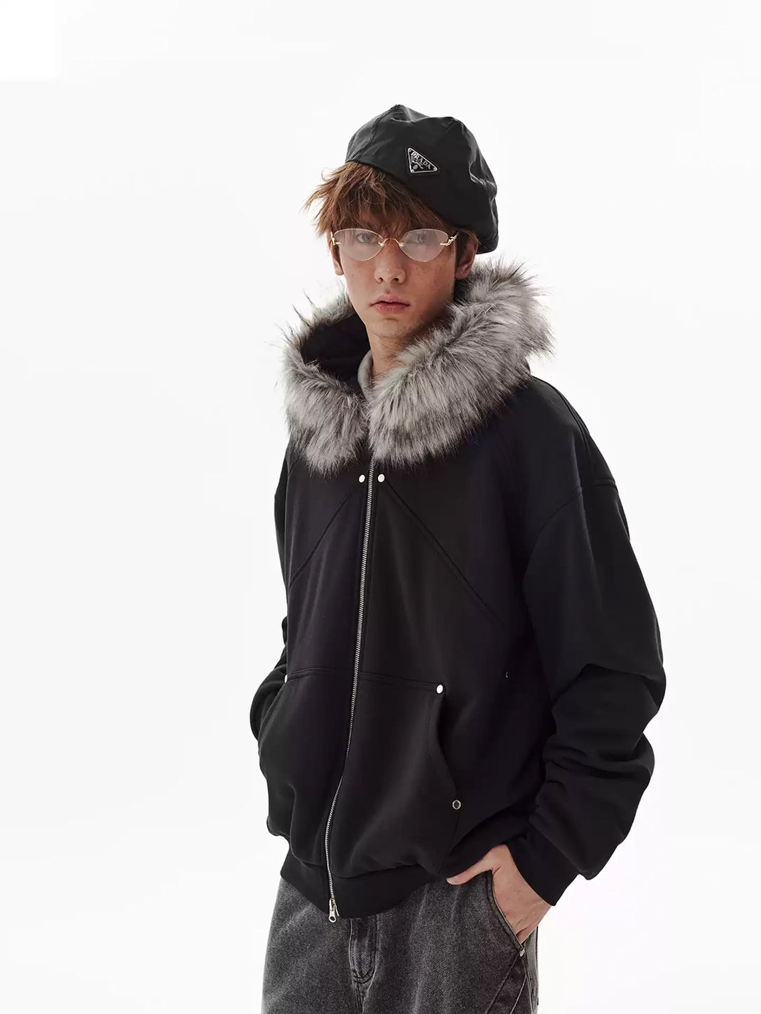Faux Fur Hood Studded Pocket Jacket - product view 4