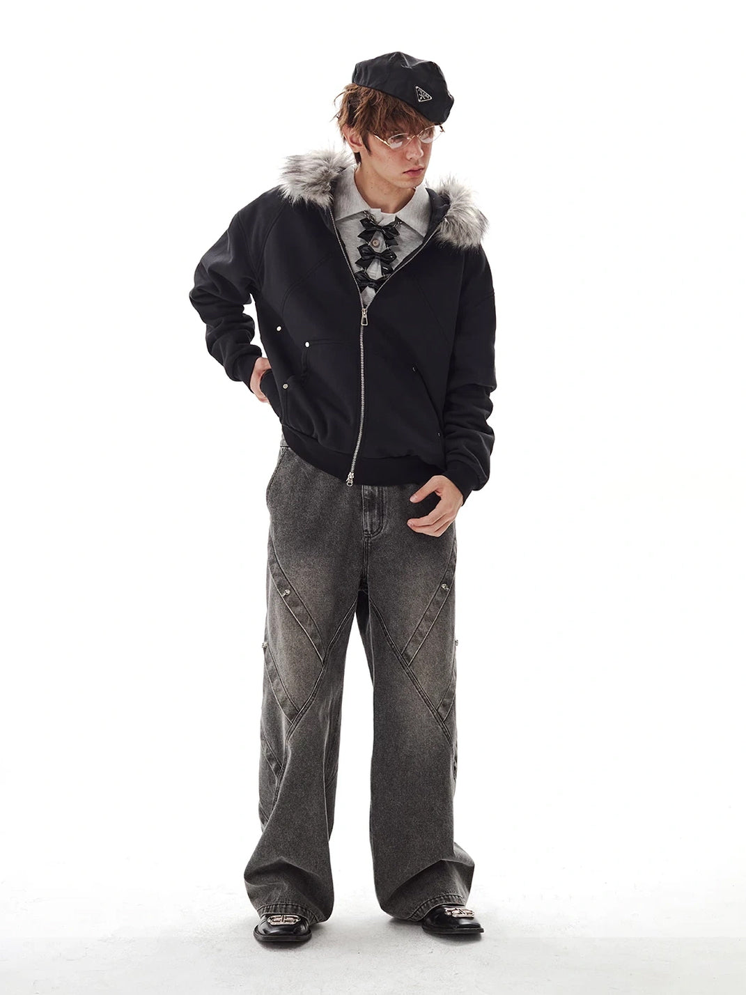 Faux Fur Hood Studded Pocket Jacket - product view 7