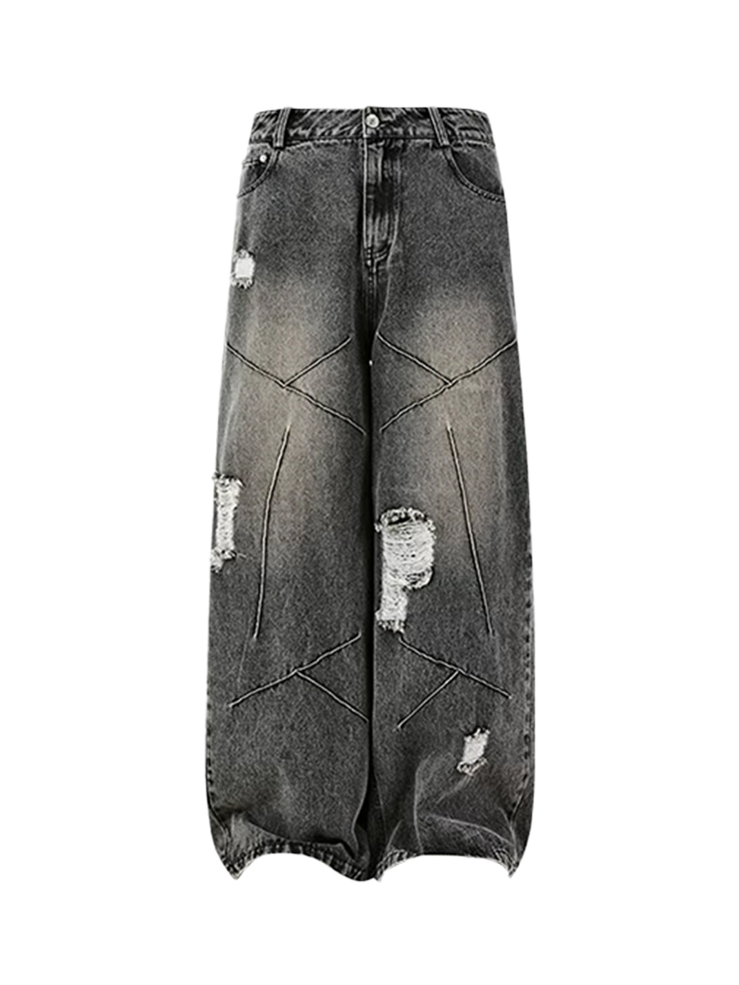Cross Seam Washed Gray Distressed Wide Jeans - view 1