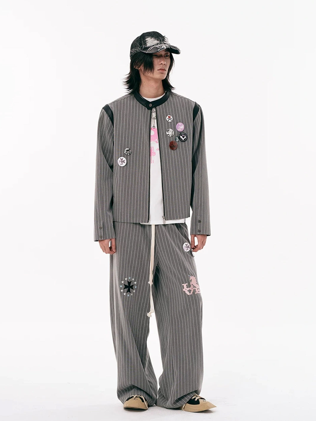 Embroidered Motif Pinstripe Drawstring Wide Leg Pants - view 10