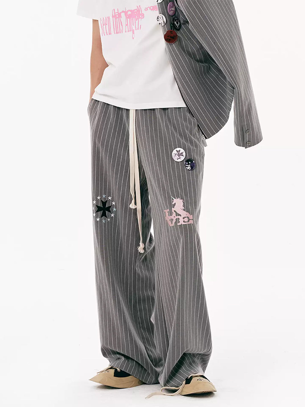 Embroidered Motif Pinstripe Drawstring Wide Leg Pants - view 2