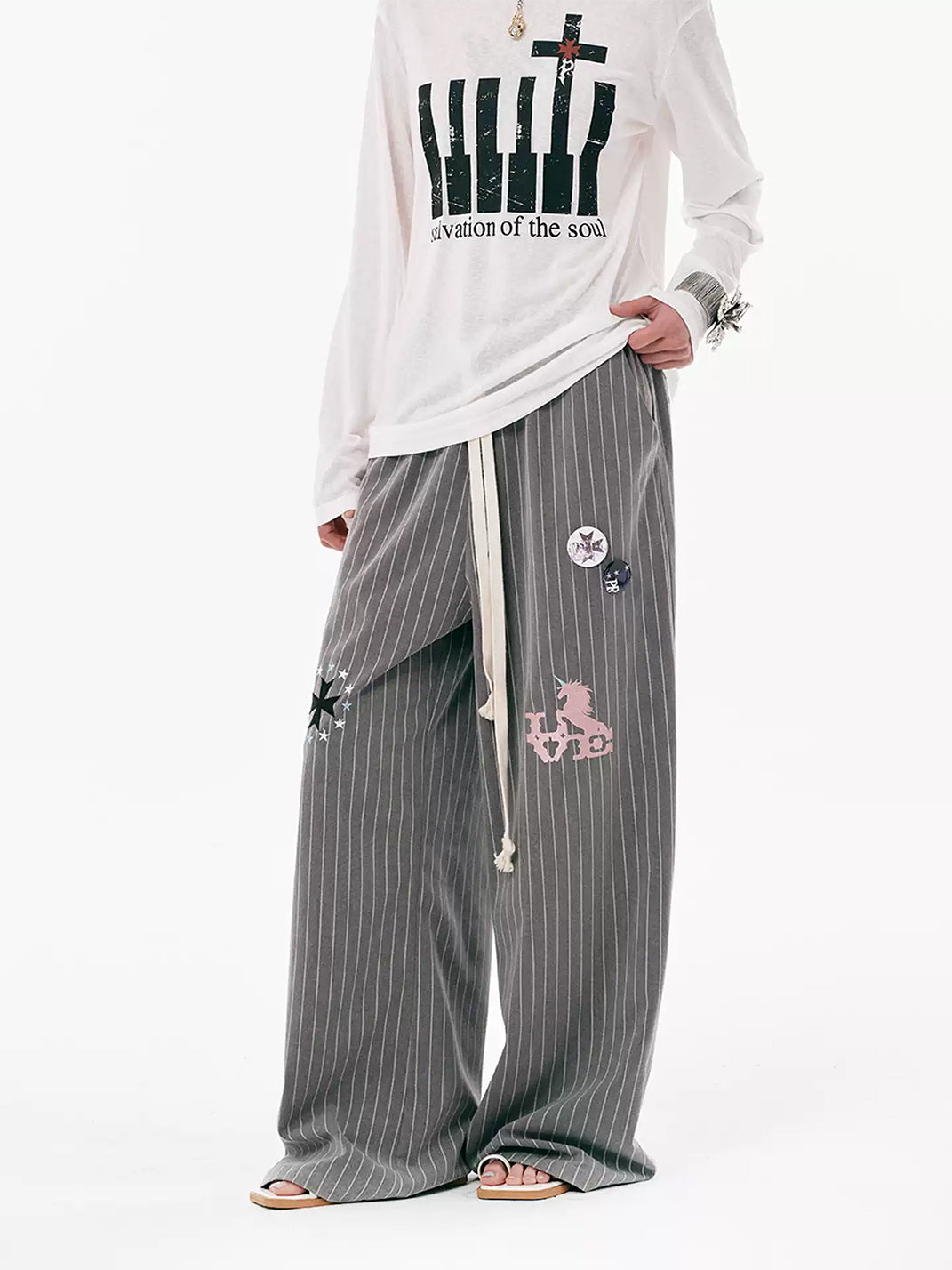 Embroidered Motif Pinstripe Drawstring Wide Leg Pants - view 3