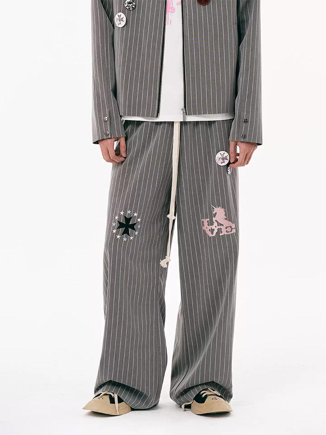 Embroidered Motif Pinstripe Drawstring Wide Leg Pants - view 4