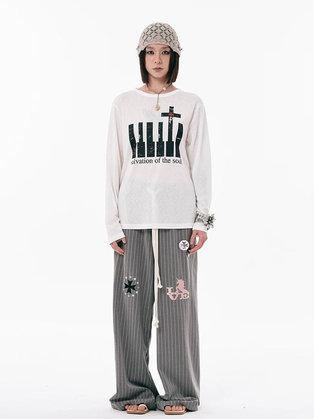 Embroidered Motif Pinstripe Drawstring Wide Leg Pants - view 6