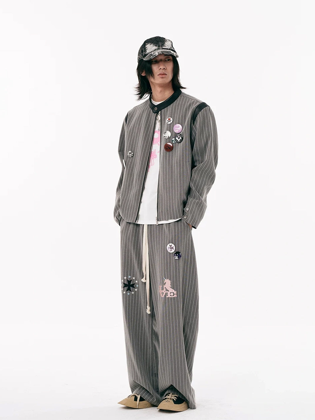 Embroidered Motif Pinstripe Drawstring Wide Leg Pants - view 8