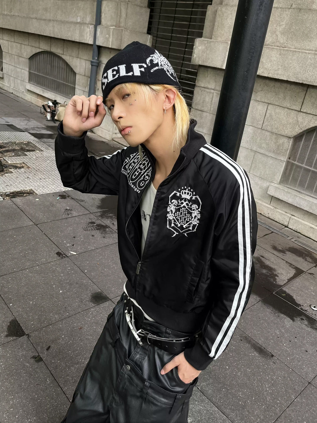 Skull Embroidered Striped Sleeve Zip Jacket - product view 2