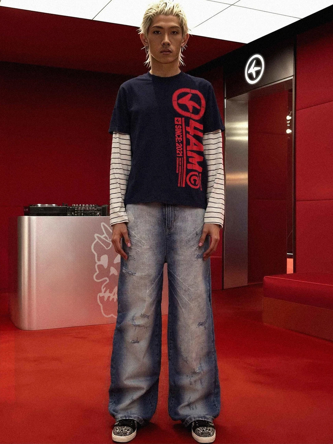 Ice Blue Lightning Stitch Baggy Jeans - product view 7