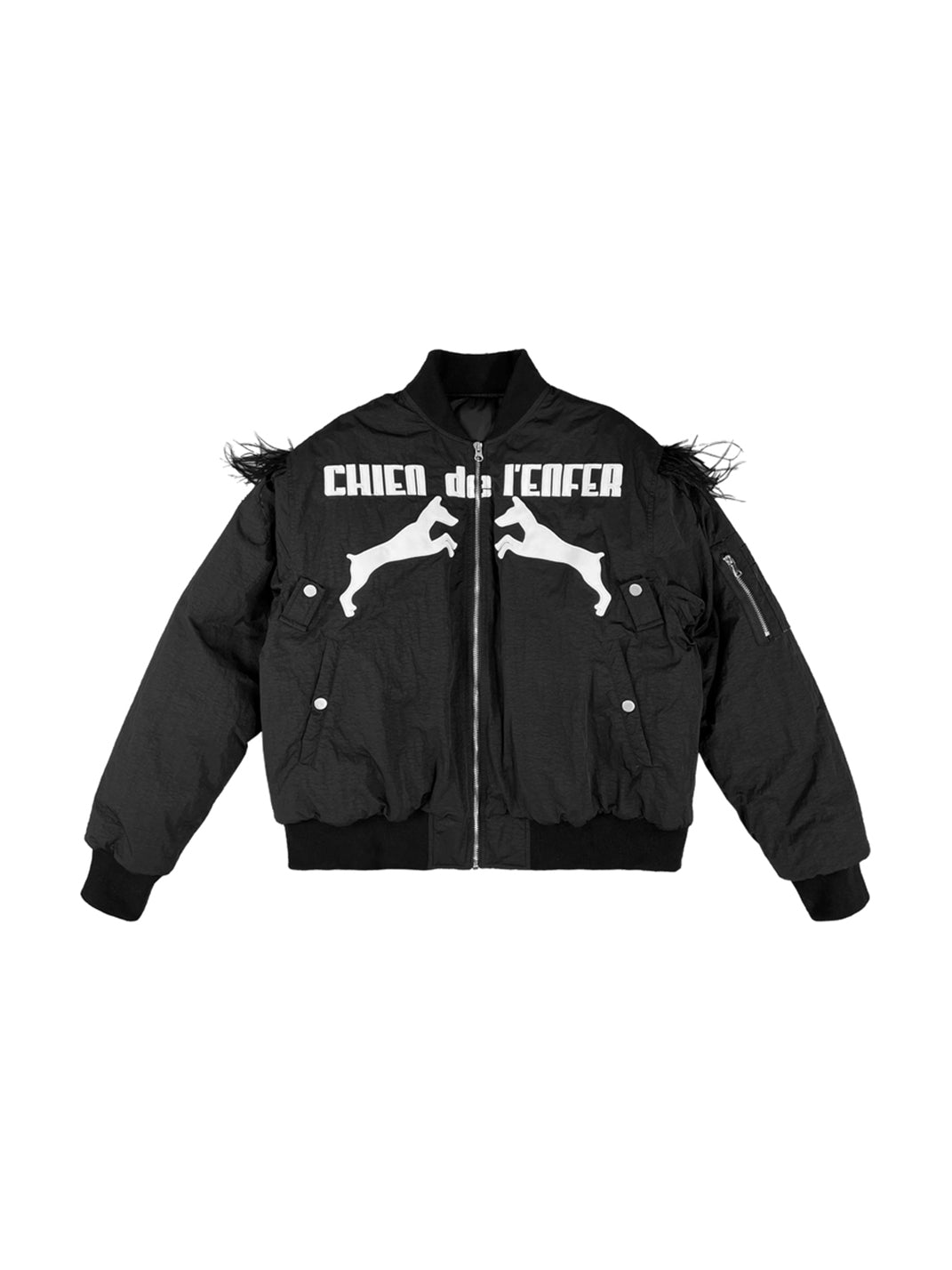 Dog Motif Feather Trim Cropped Bomber - product view 1