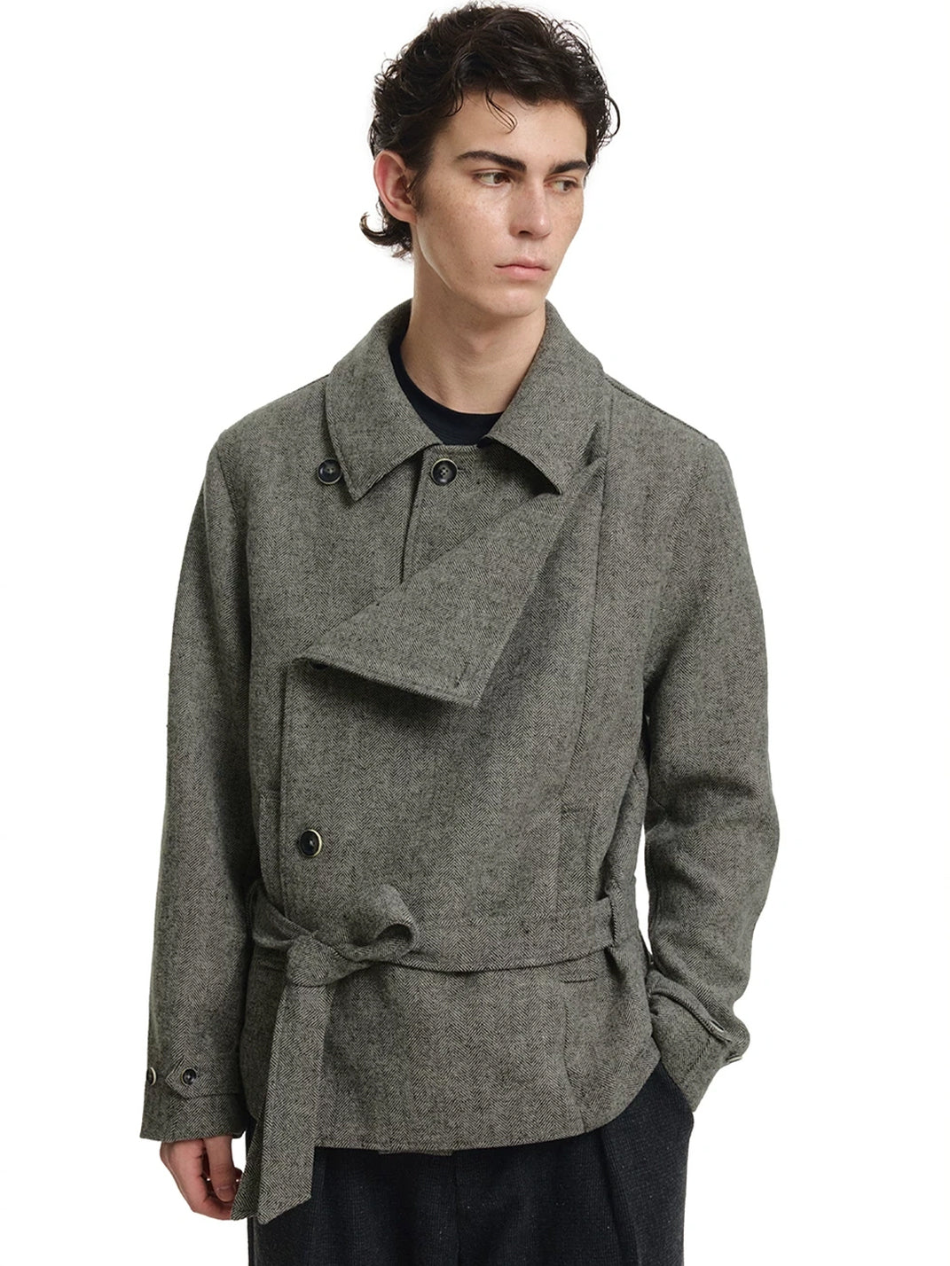Belted Herringbone Wool Blend Short Jacket - product view 4
