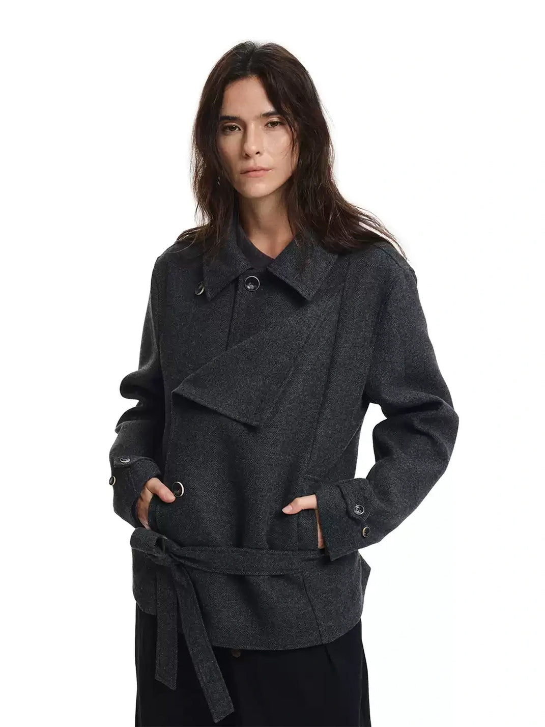 Belted Herringbone Wool Blend Short Jacket - product view 7
