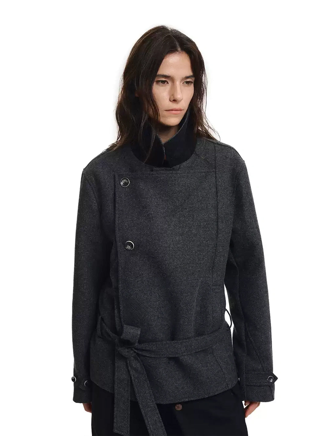Belted Herringbone Wool Blend Short Jacket - product view 8