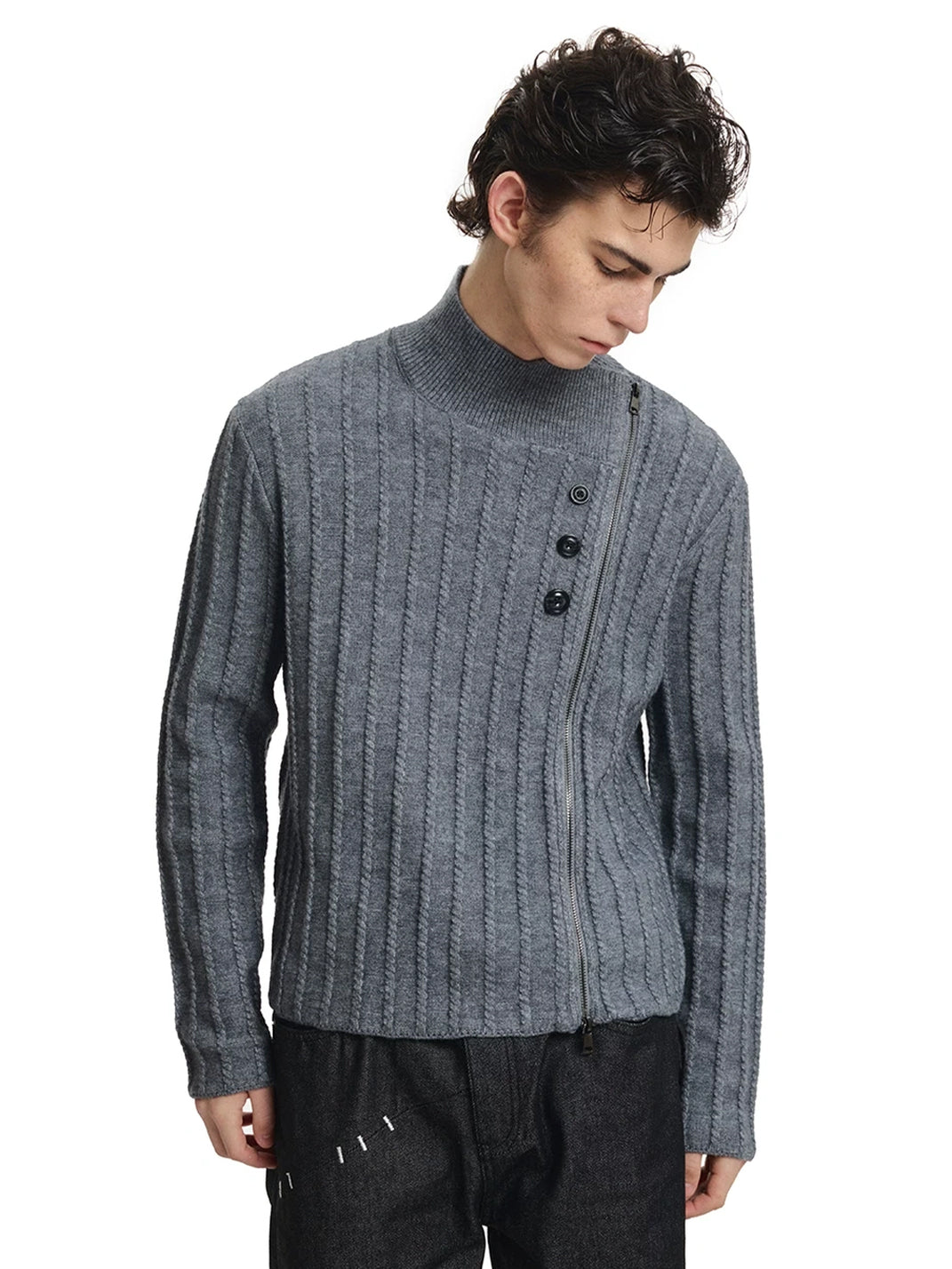 Offset Zip Cable Knit High Neck Sweater - product view 3
