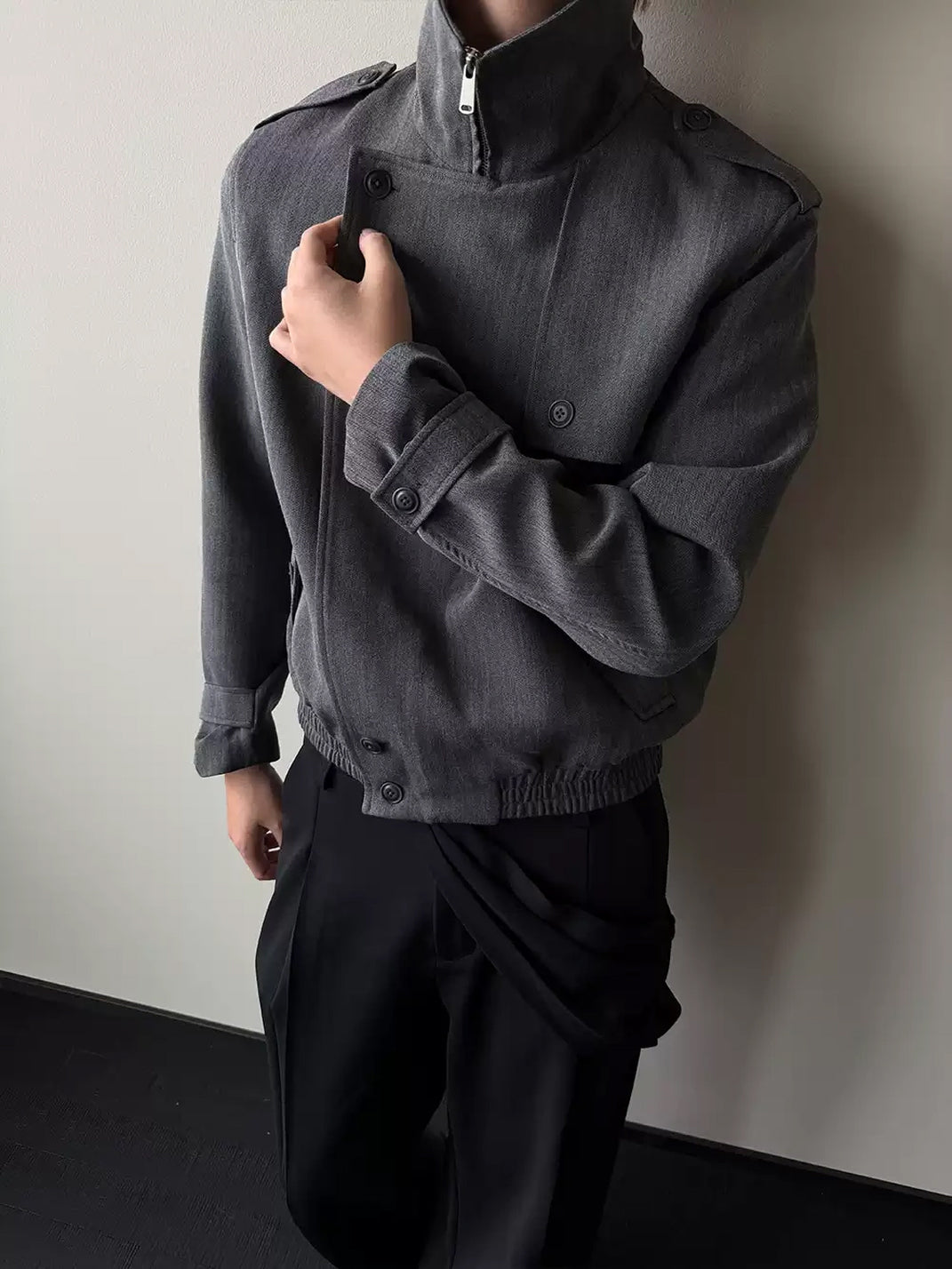 Layered Placket Cropped Herringbone Zip Jacket - product view 2
