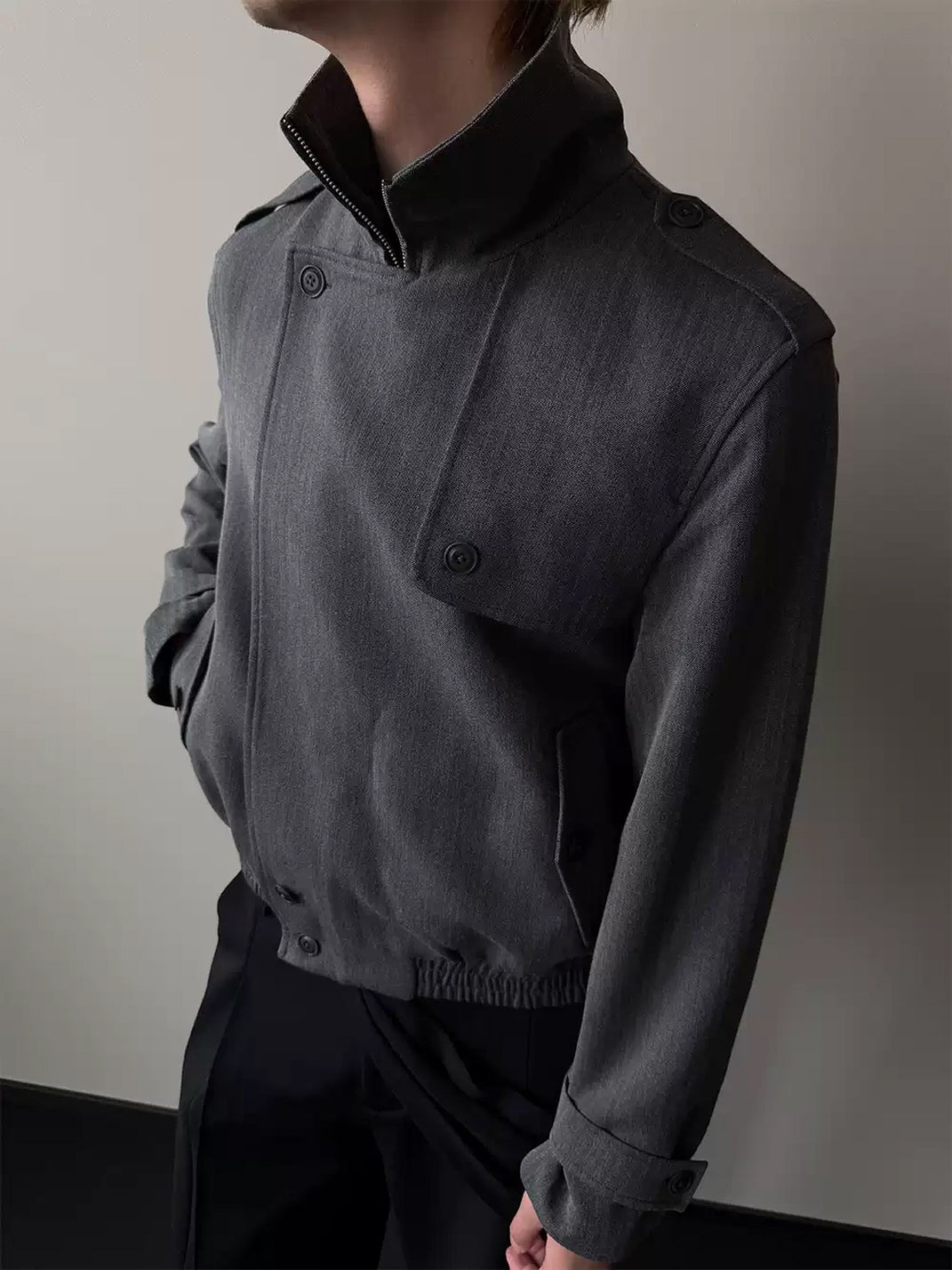 Layered Placket Cropped Herringbone Zip Jacket - product view 5