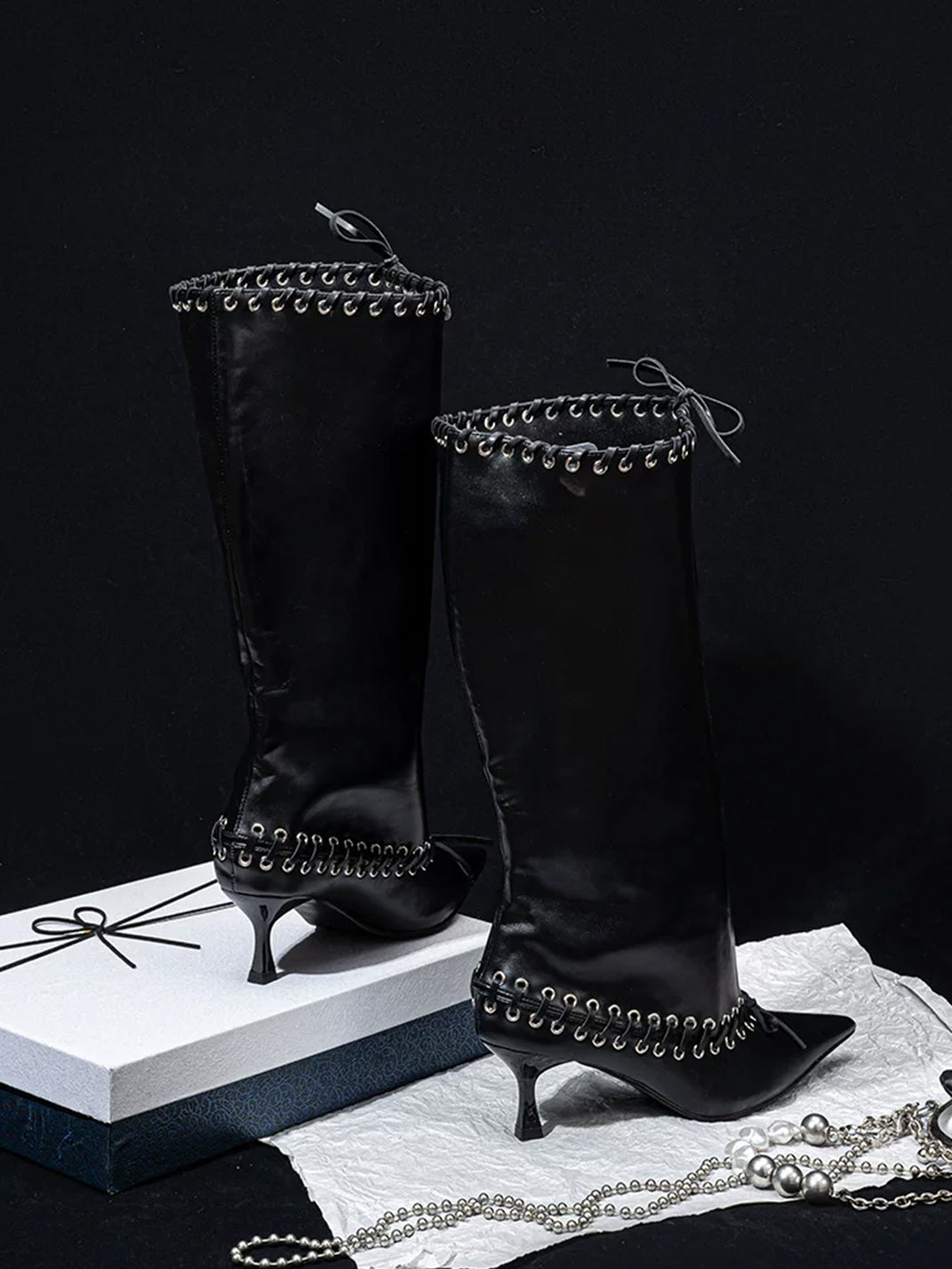Eyelet Bow Lace-Up Knee-High Boots - product view 4