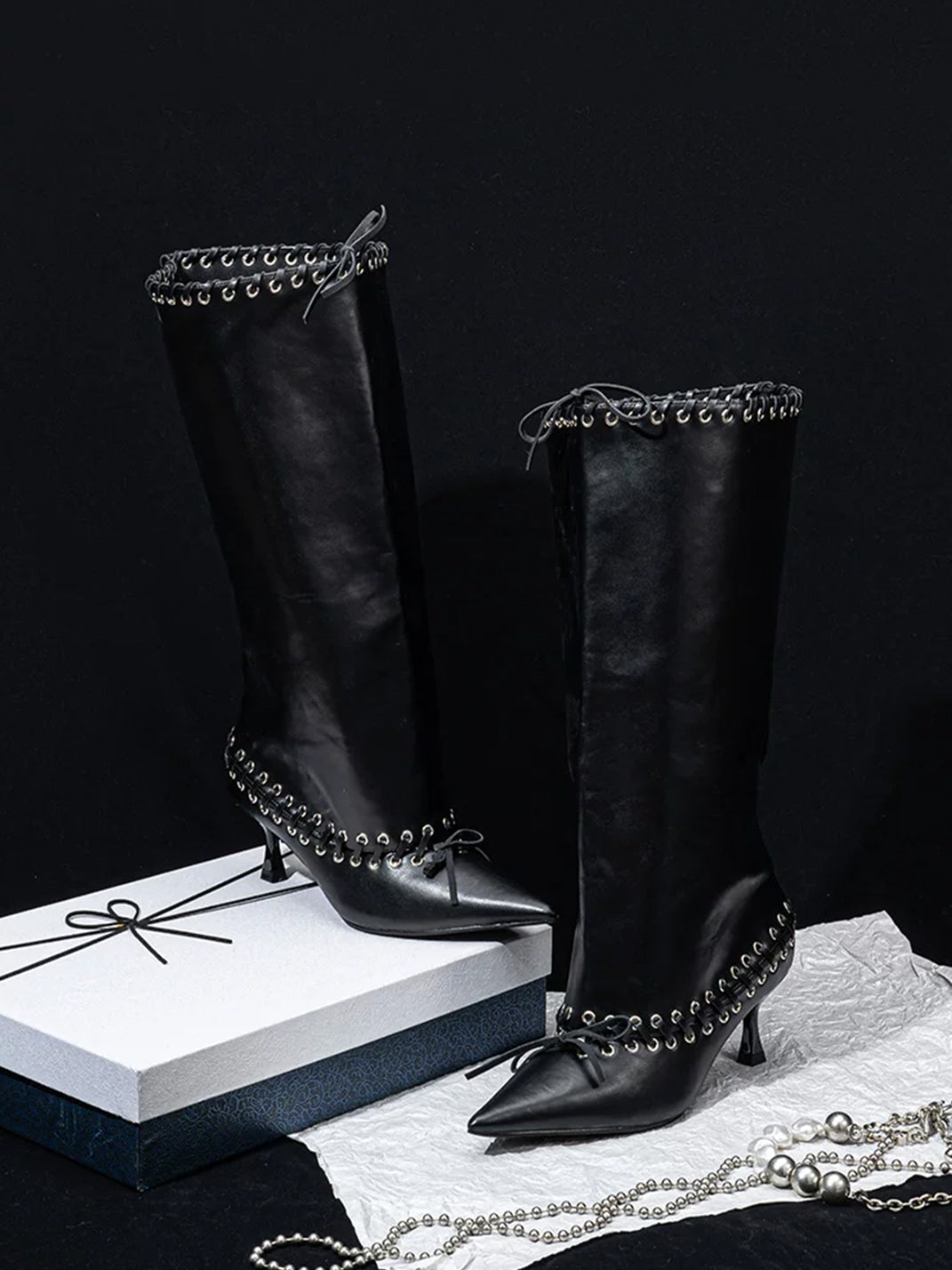 Eyelet Bow Lace-Up Knee-High Boots - product view 5