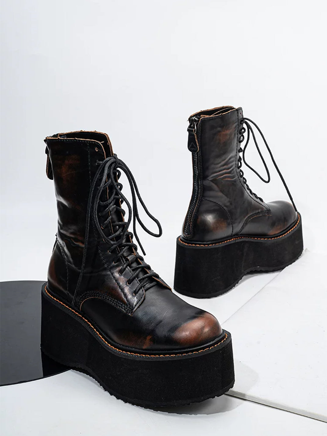Contrast-Stitch Rear-Zip Platform Combat Boots - product view 2