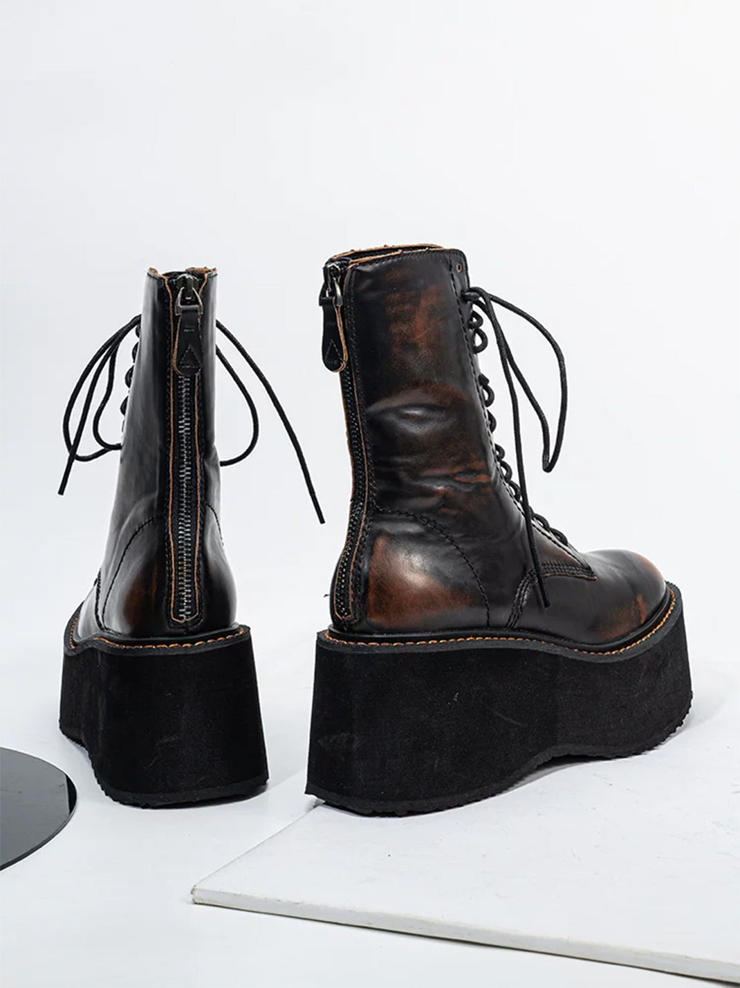 Contrast-Stitch Rear-Zip Platform Combat Boots - product view 3