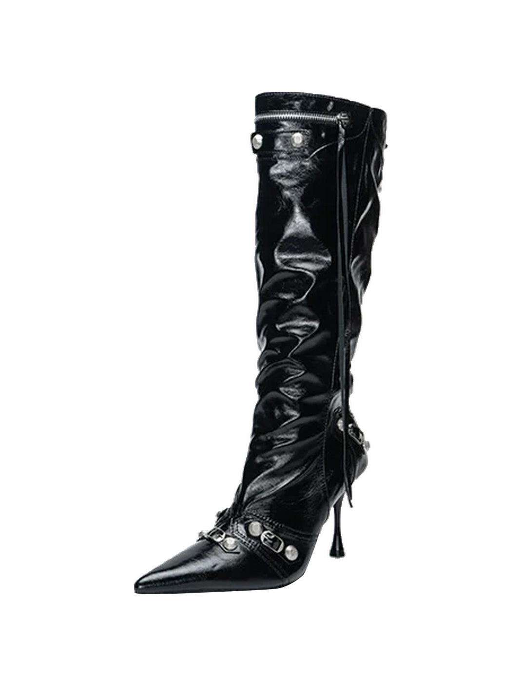 Studded Fringe Pointed-Toe Biker Boots - product view 1