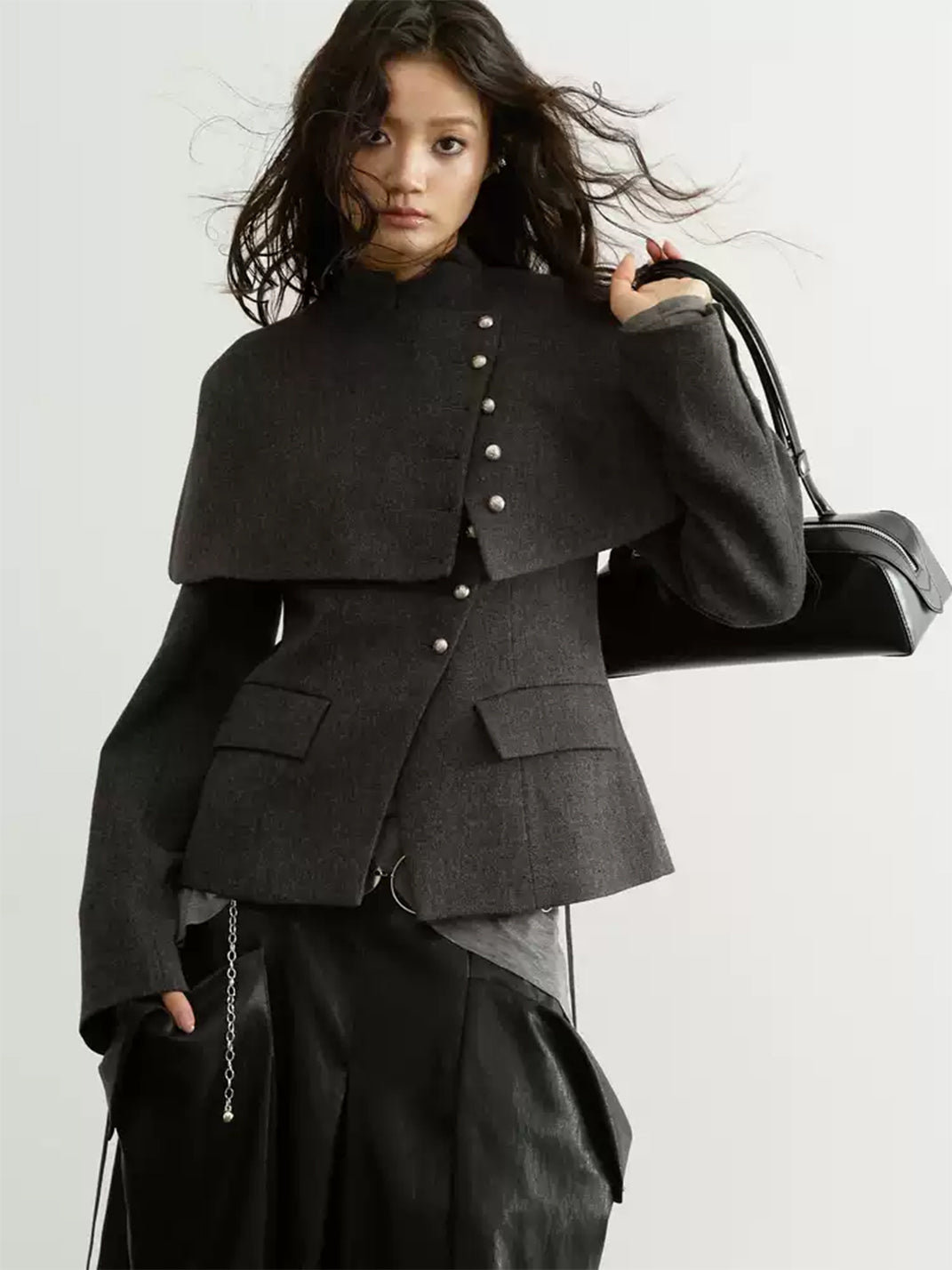 Detachable Cape Stand Collar Short Jacket - product view 2