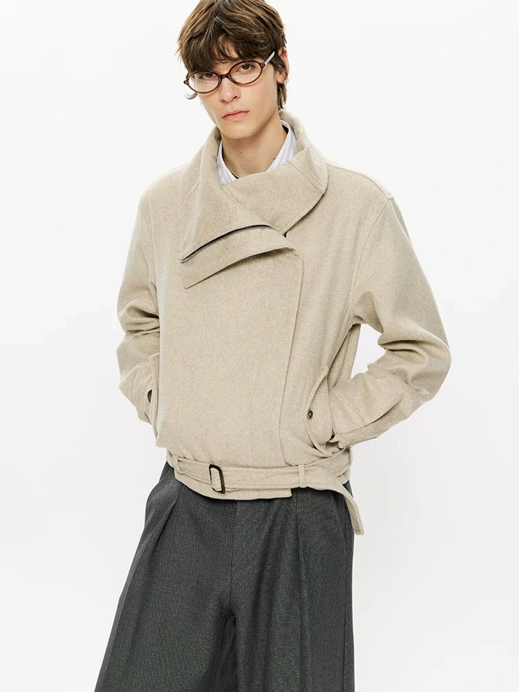 Belted Foldover Collar Wool Blend Jacket - product view 2