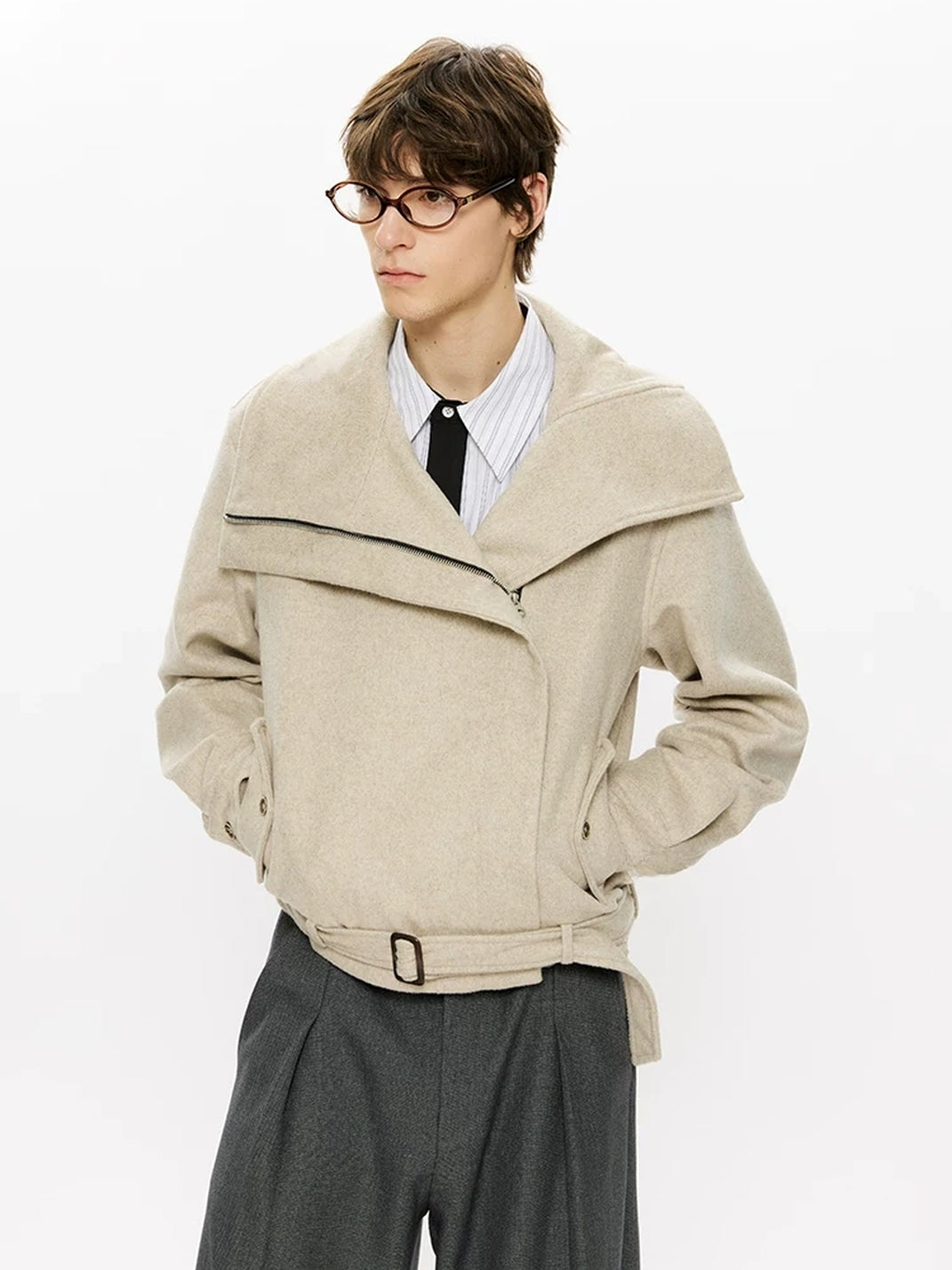 Belted Foldover Collar Wool Blend Jacket - product view 3