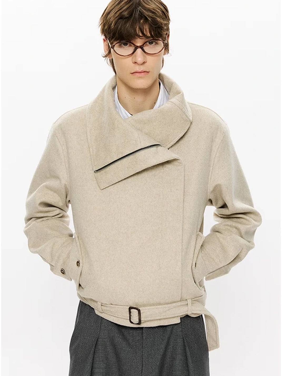 Belted Foldover Collar Wool Blend Jacket - product view 4