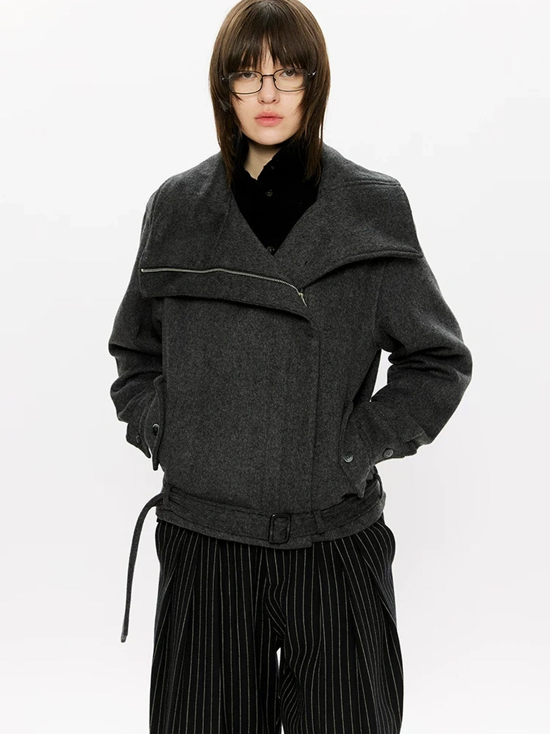 Belted Foldover Collar Wool Blend Jacket - product view 8
