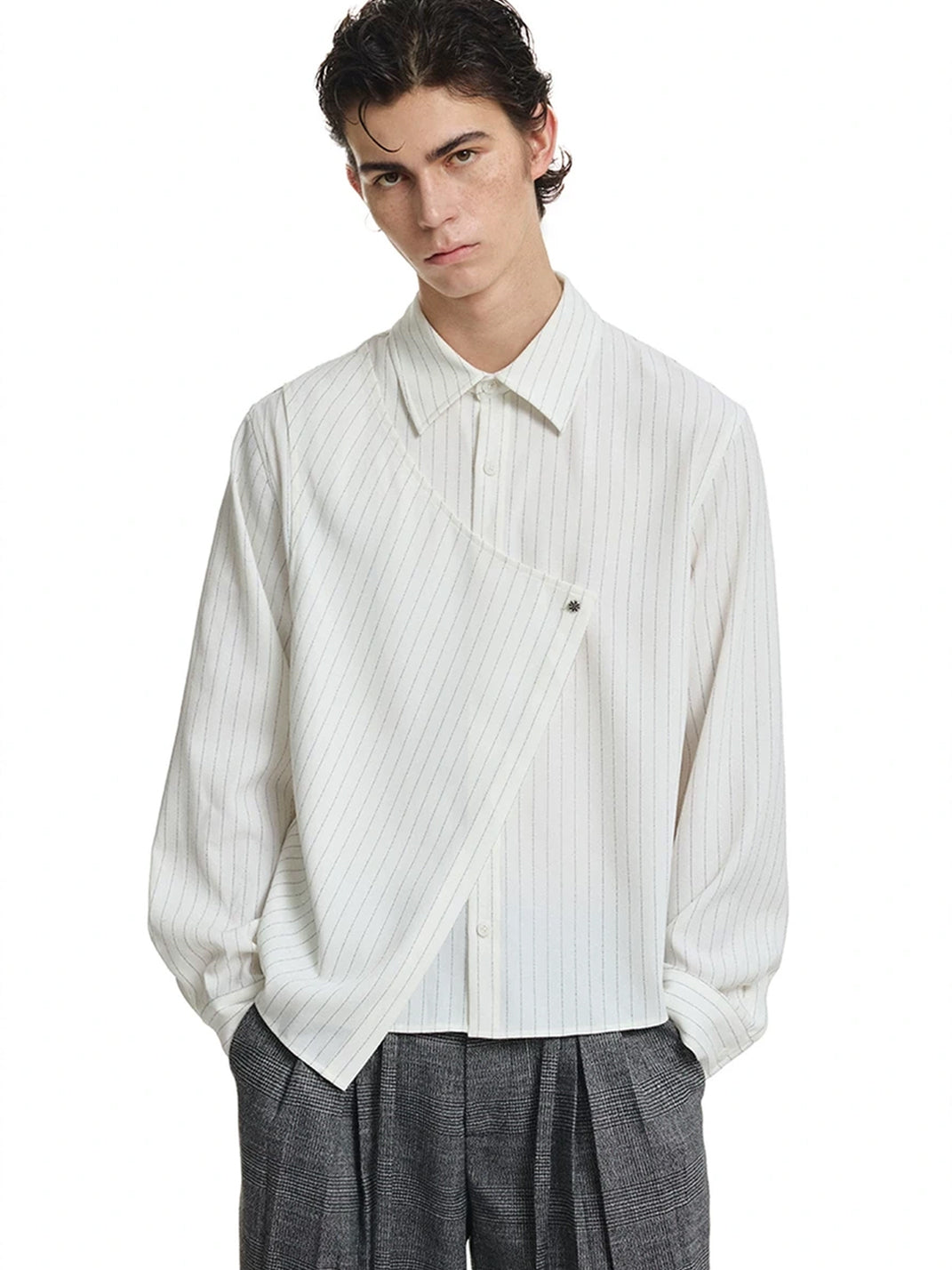 Asymmetric Overlap Pinstripe Long Sleeve Shirt - view 3