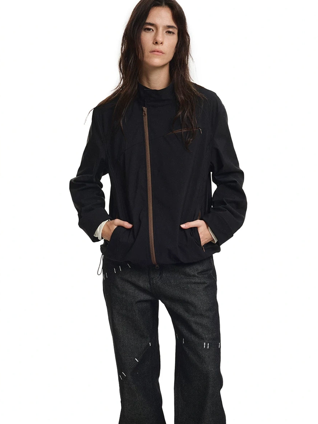 Contrast Cuff Stand Collar Zip Jacket - product view 9