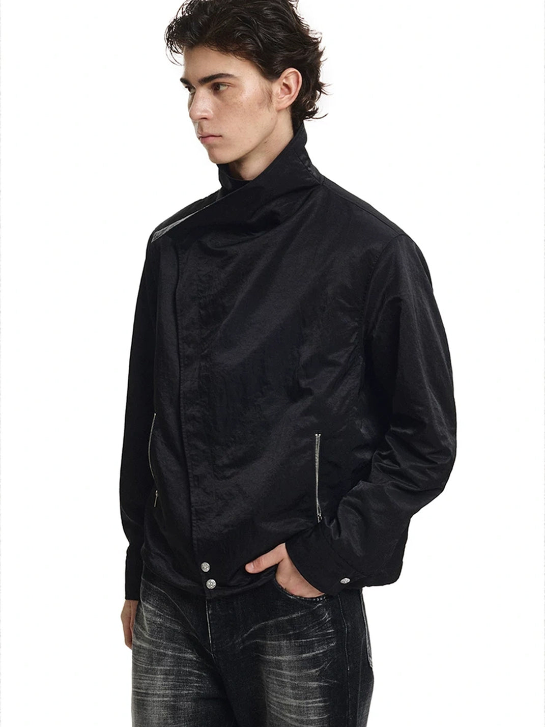 Foldover Collar Asymmetric Black Zip Jacket - product view 2