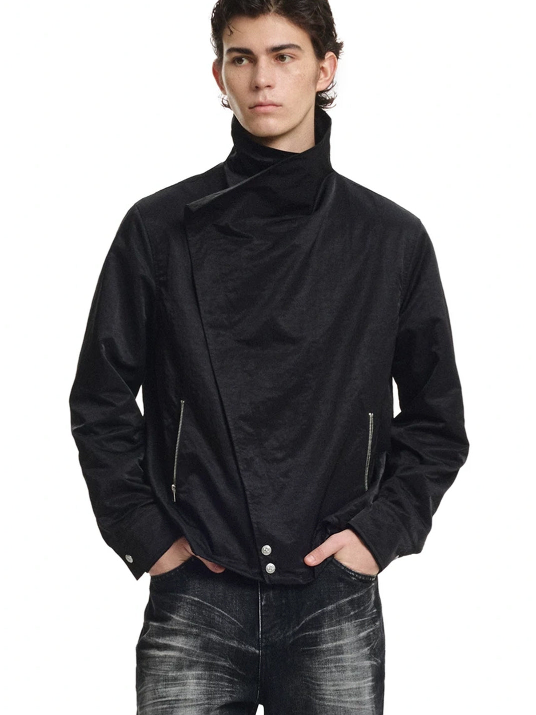Foldover Collar Asymmetric Black Zip Jacket - product view 3