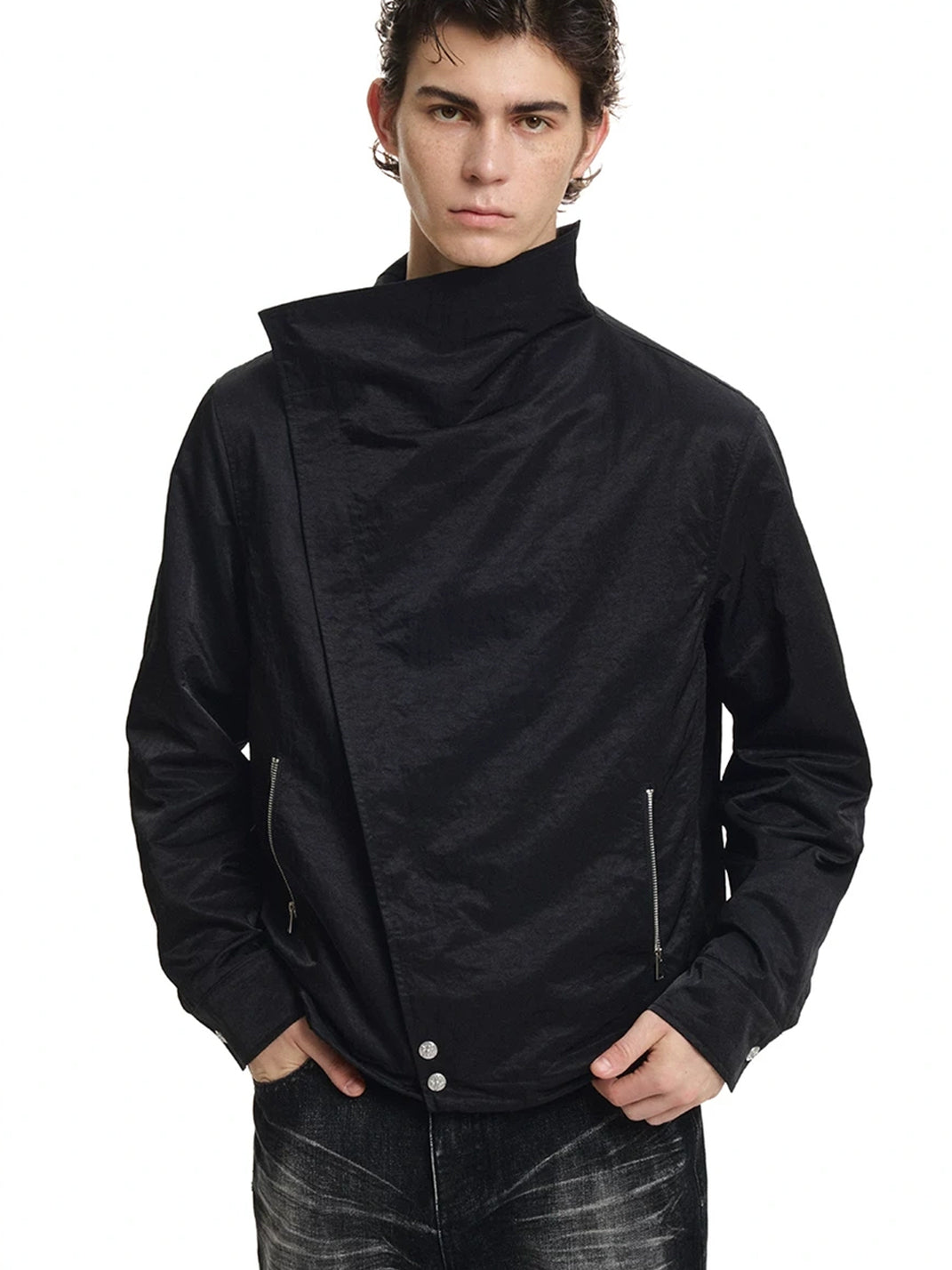 Foldover Collar Asymmetric Black Zip Jacket - product view 5