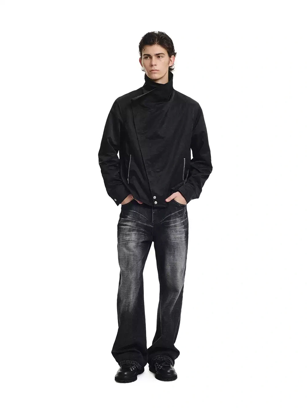 Foldover Collar Asymmetric Black Zip Jacket - product view 6