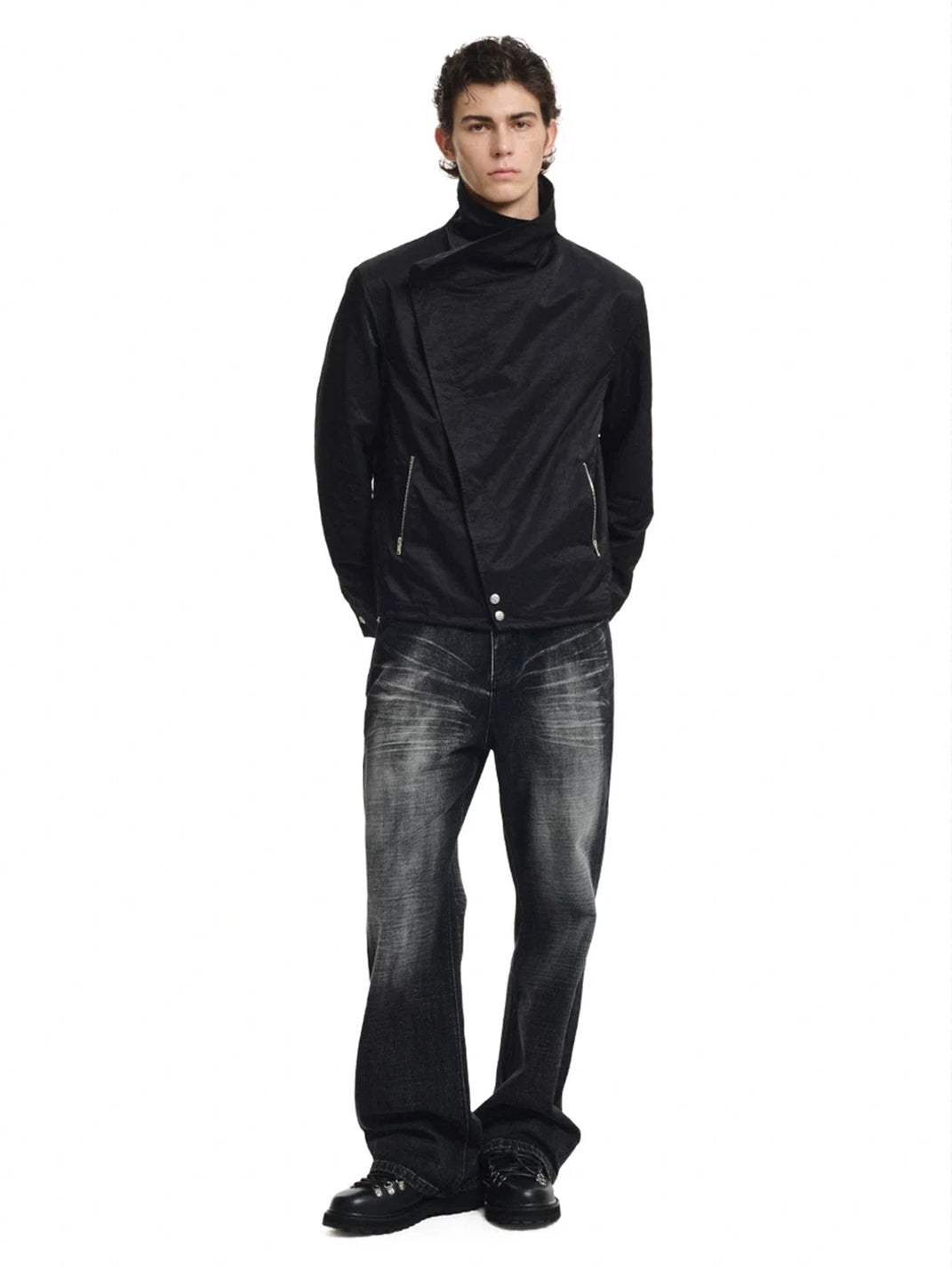 Foldover Collar Asymmetric Black Zip Jacket - product view 7