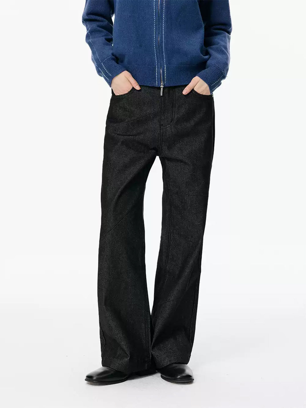 Diagonal Panel Contrast Stitch Wide Leg Jeans - view 3