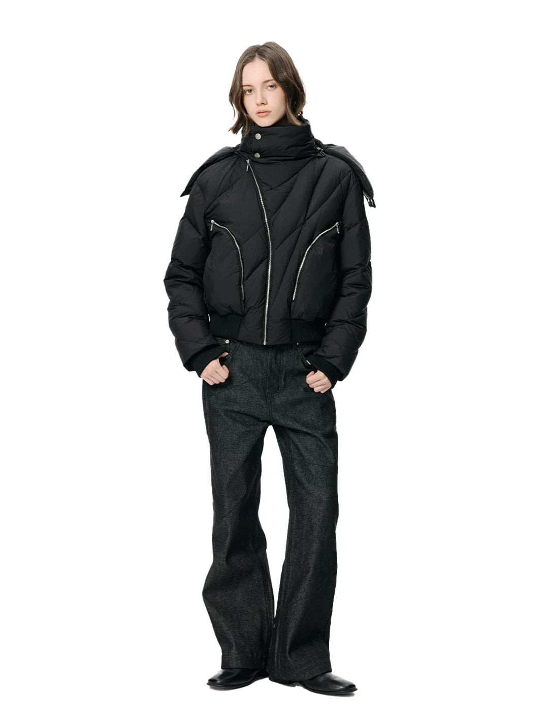 Diagonal Panel Contrast Stitch Wide Leg Jeans - view 8