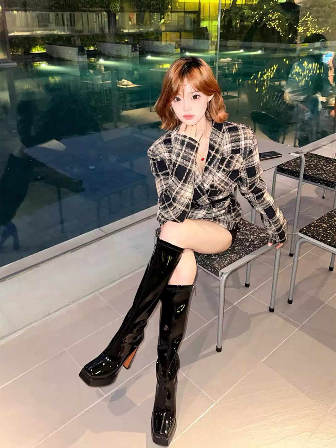 Glossy Square-Toe Platform Knee-High Boots - product view 4