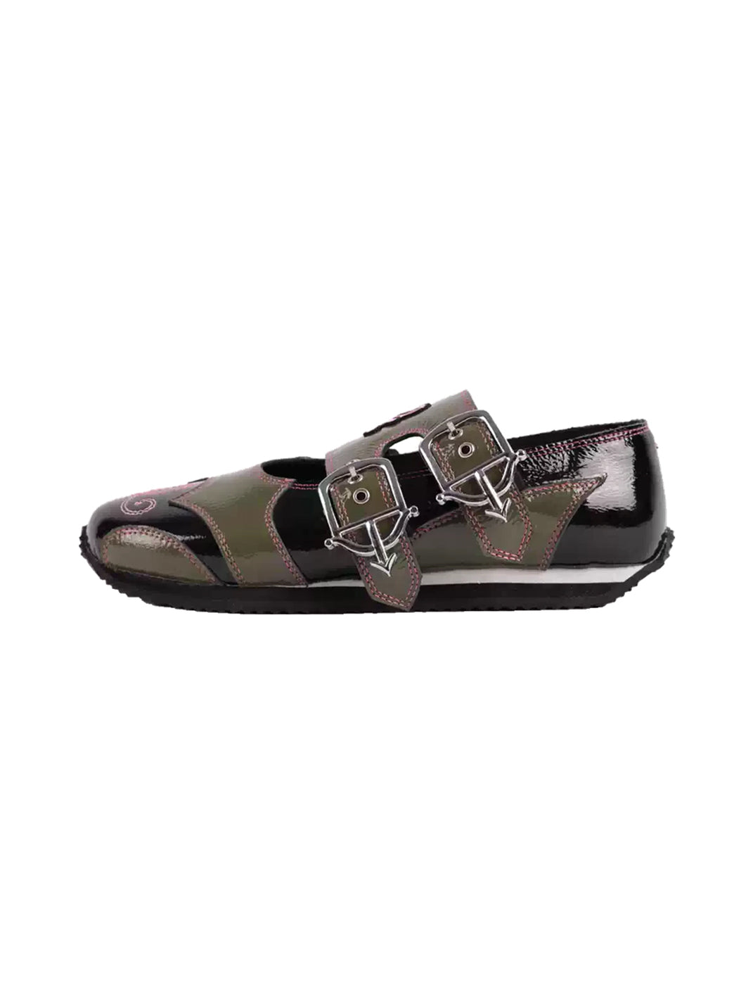 Olive Double-Buckle Embroidered Leather Mary Janes - product view 1
