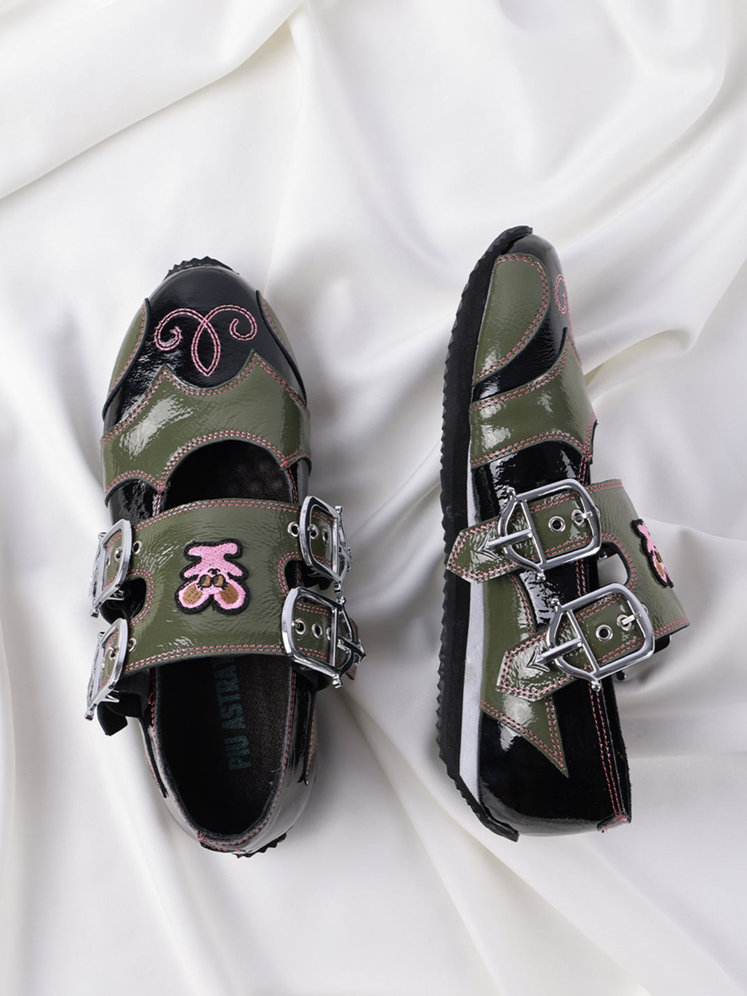 Olive Double-Buckle Embroidered Leather Mary Janes - product view 4
