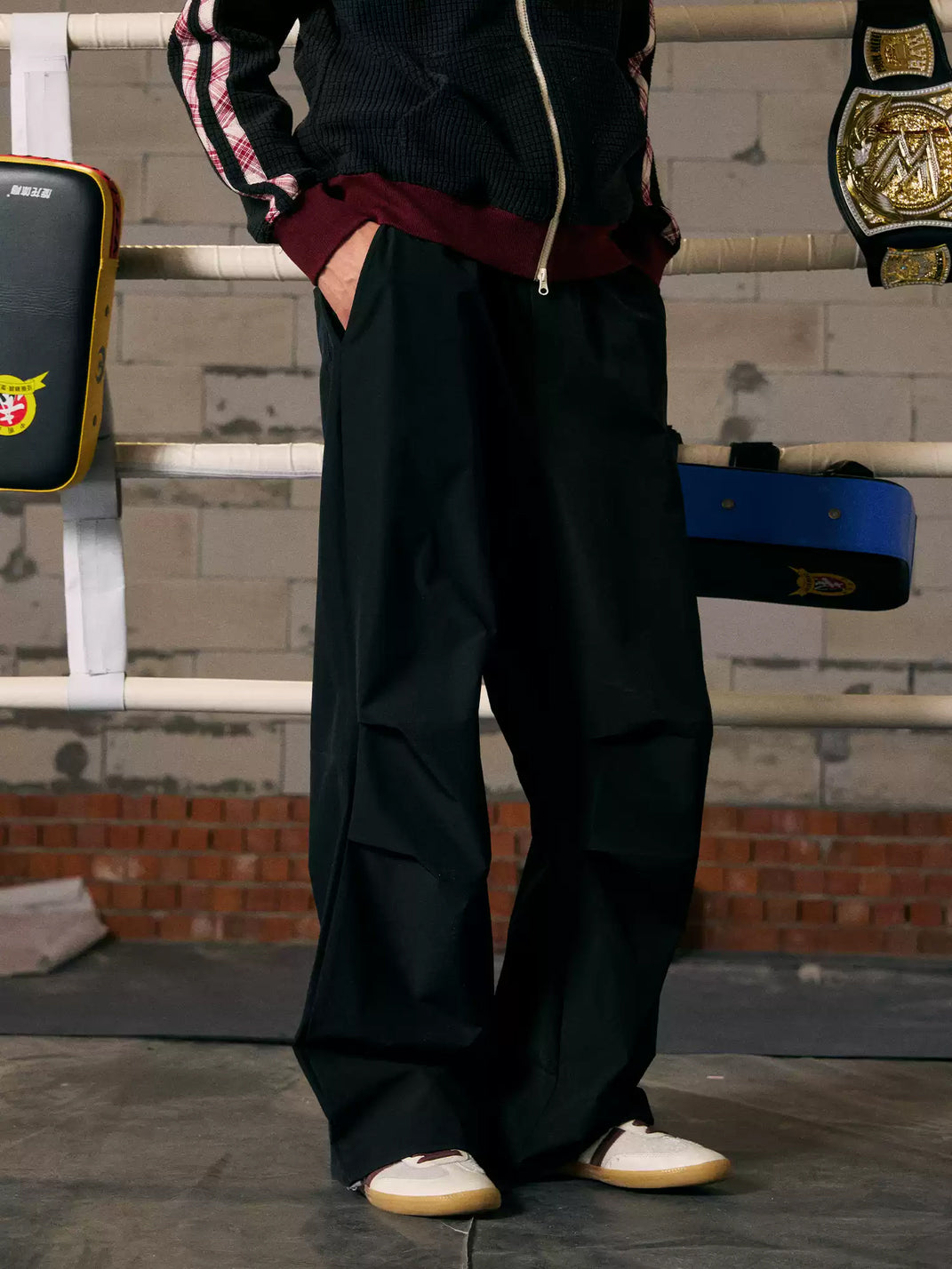 Drawcord Hem Contrast Zip Parachute Pants - product view 2