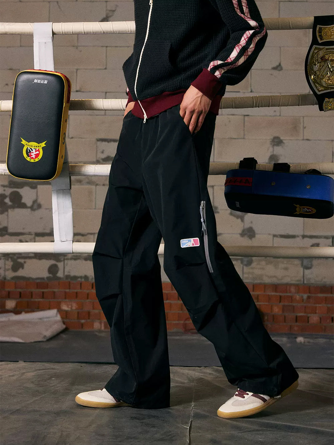 Drawcord Hem Contrast Zip Parachute Pants - product view 5