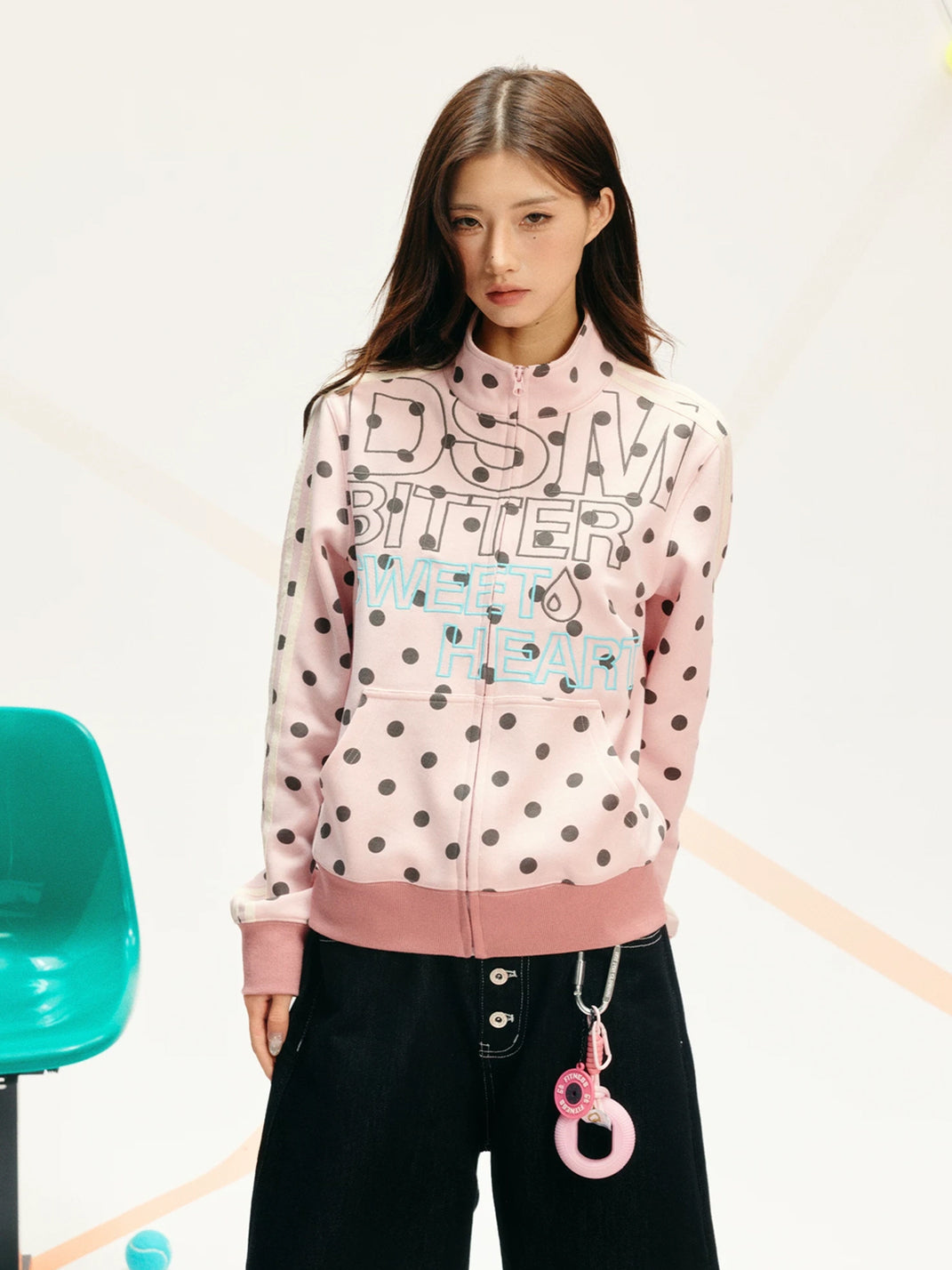 Polka Dot Stripe Sleeve Zip Jacket - product view 4