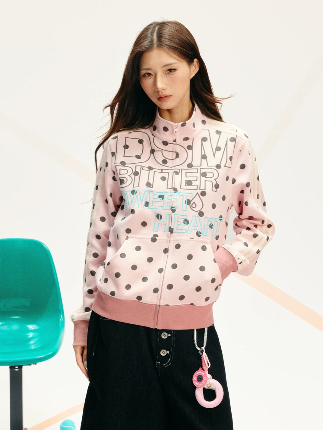 Polka Dot Stripe Sleeve Zip Jacket - product view 5
