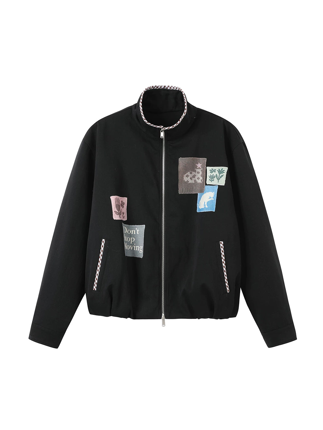 Check Trim Patchwork Stand Collar Jacket - product view 1