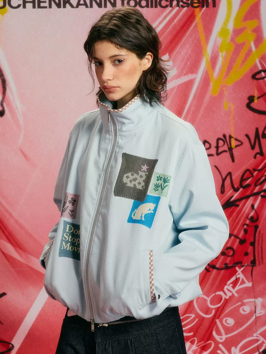 Check Trim Patchwork Stand Collar Jacket - product view 5