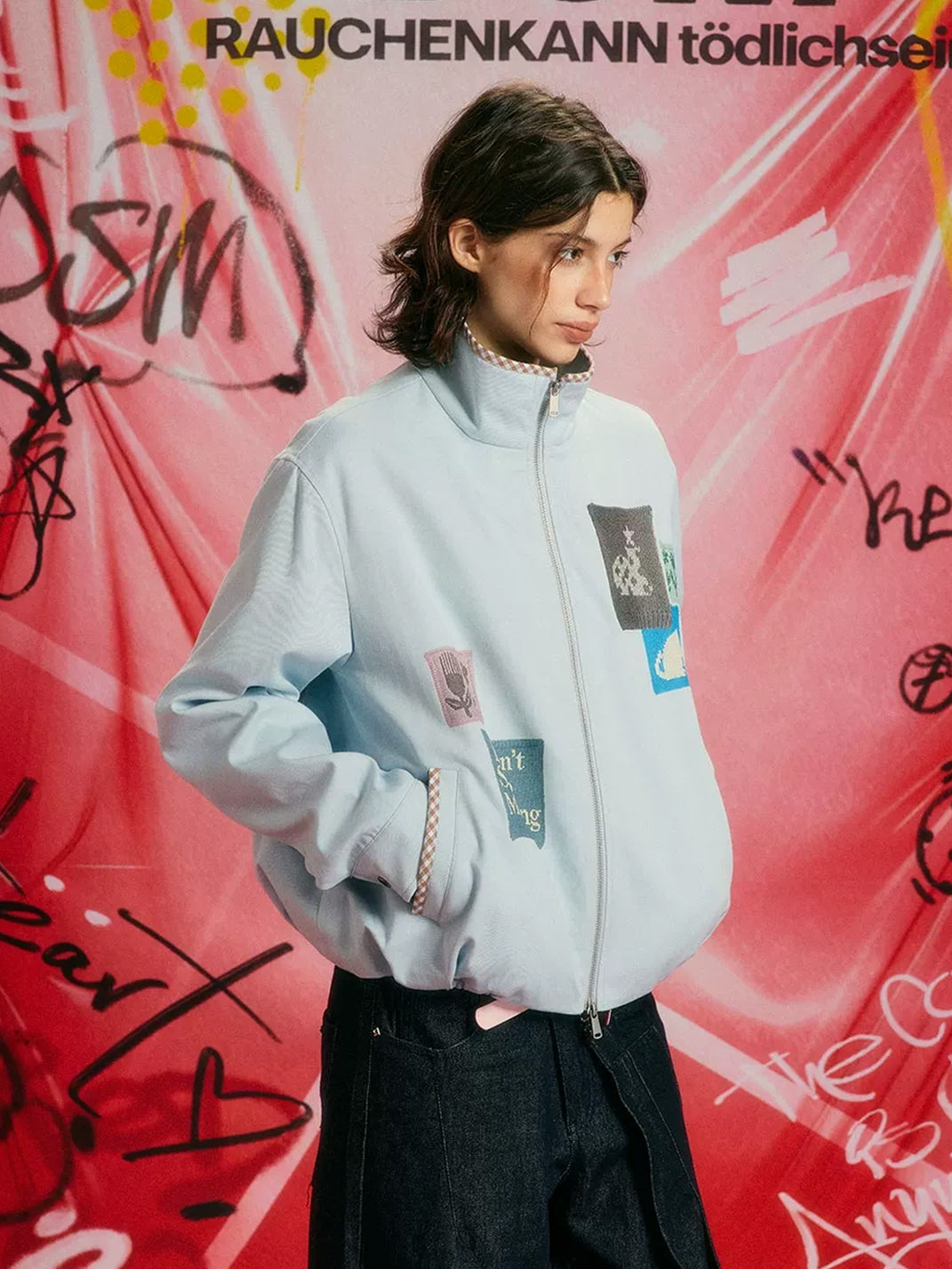 Check Trim Patchwork Stand Collar Jacket - product view 6